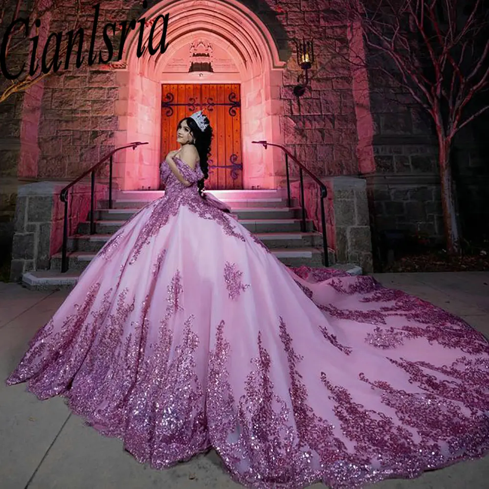 Pink Off The Shoulder Bow Ball Gown Quinceanera Dresses Sequined Appliques Lace Pleat Corset Sweet 15 Vestido