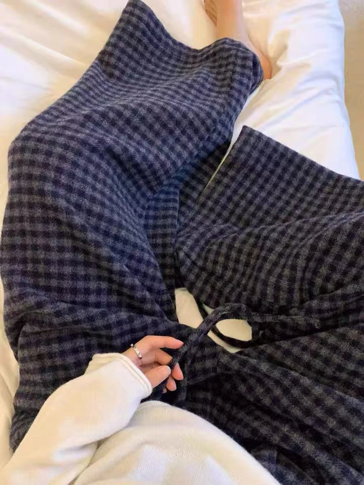 فو الفراء بنطال ذو قصة أرجل واسعة للنساء الخريف الرجعية منقوشة الرباط فضفاض سراويل تقليدية الكورية الشارع الشهير كل مباراة بنطلون مستقيم