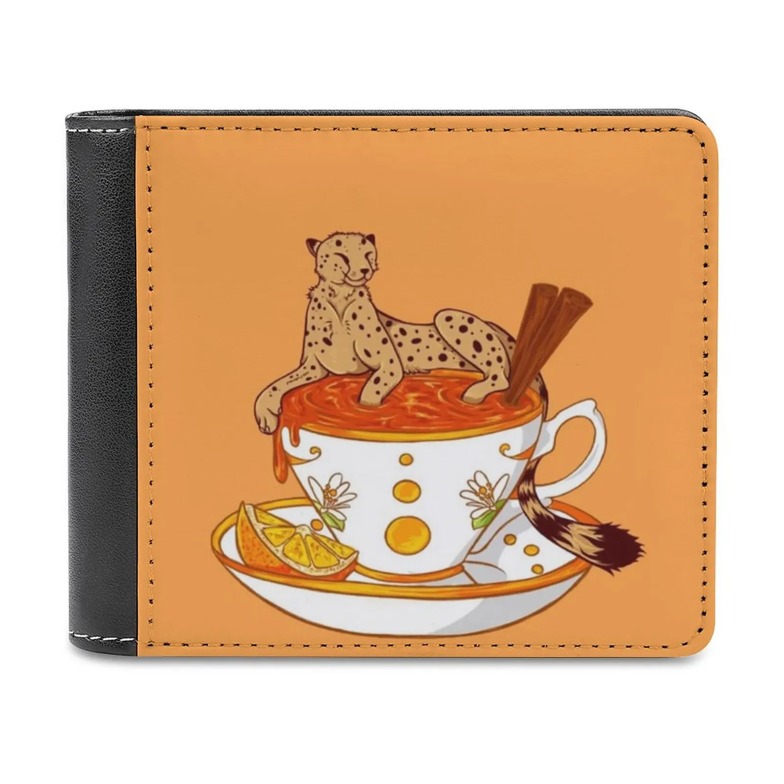 Orange And Cinnamon Tea Leather Wallet Credit Card Holder Luxury Wallet Tea Cheetah Big Cat Orange Tea Teacup Floral