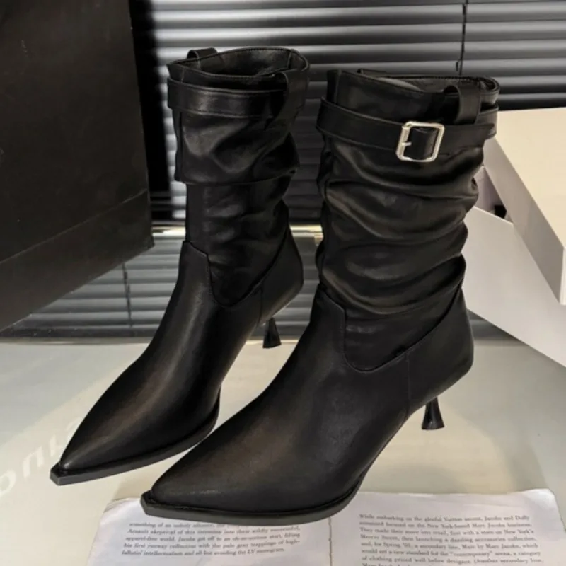 

Women Mid Heels Pointed Toe Short Boots Designer Elegant Shoes 2025 New Winter Chelsea Ankle Boots Party Pumps Dress Zapatillas