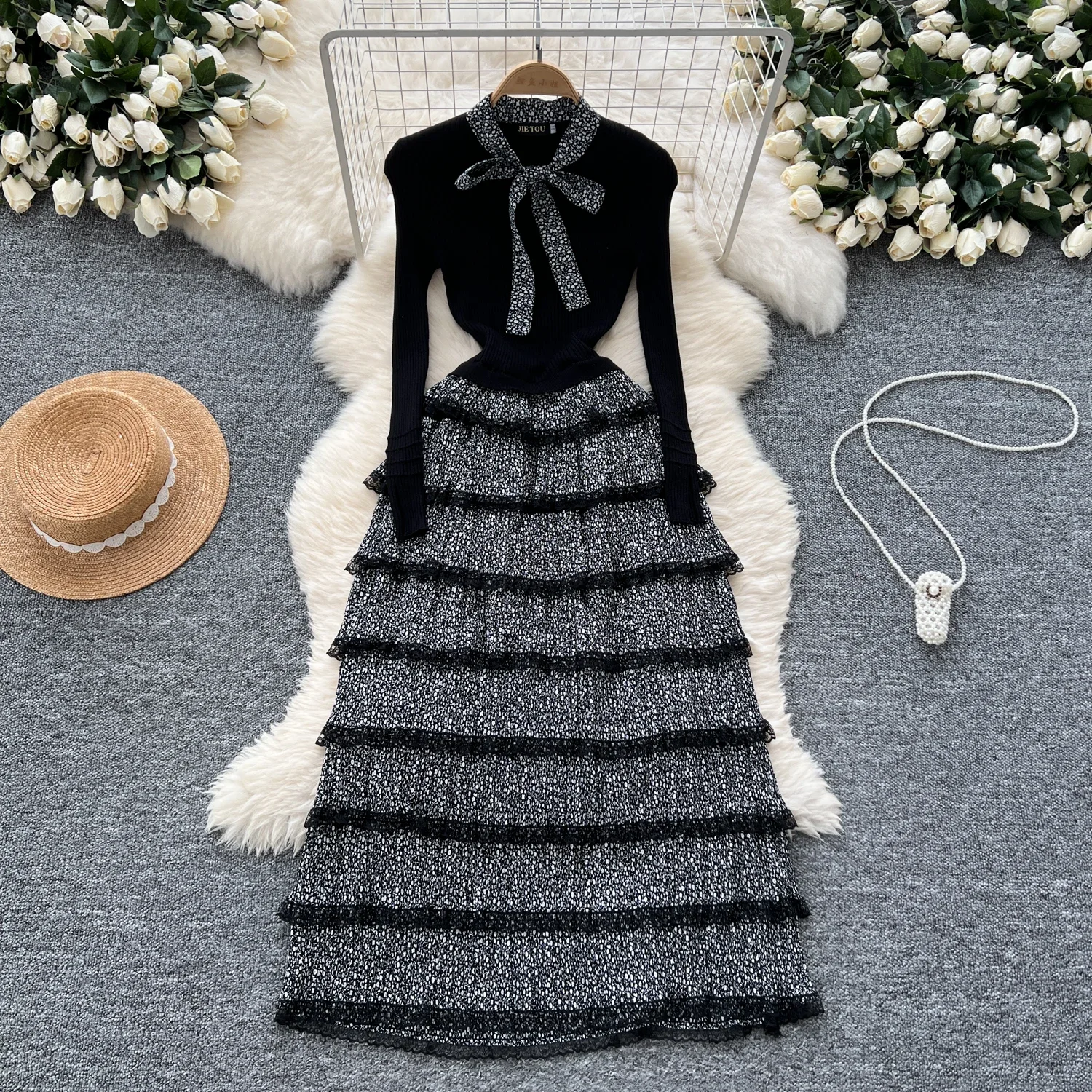 

Elegant Butterfly Bandage Vintage Long Sleeve Chic Knit Spliced Print Tiered Dresses French Evening High Street Autumn Clothing