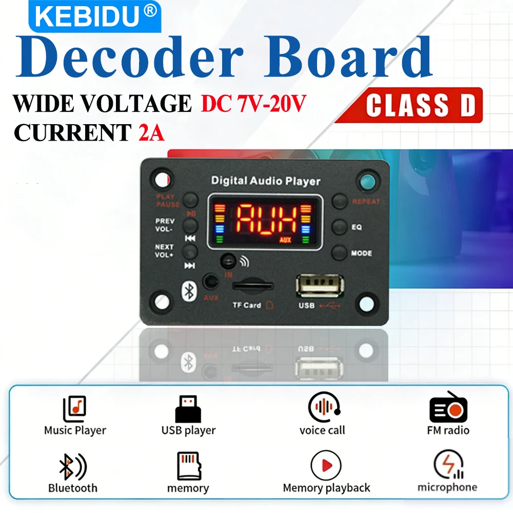 Placa Decodificadora Bluetooth 5.0 KEBIDU MP3 WMA DC12V, Módulo de Rádio para Carro com Tela Colorida, Player MP3 Sem Fio para Casa