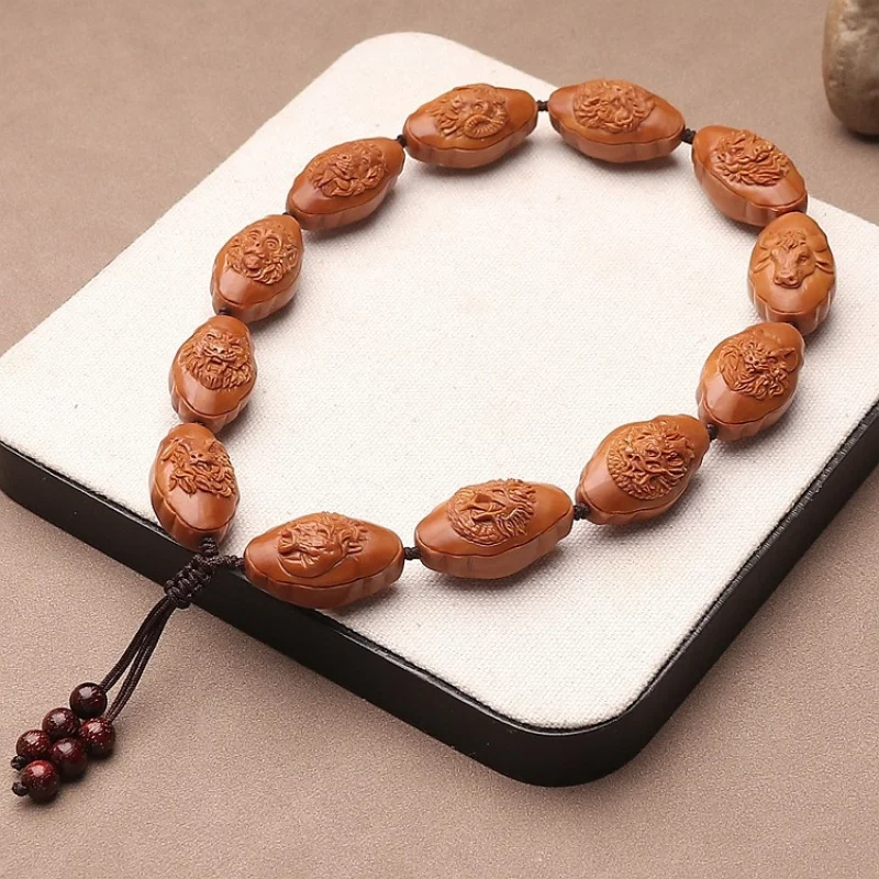 Hand-Carved Olive Pit With Twelve Zodiac Signs, Embossed Buddhist Prayer Beads Bracelet