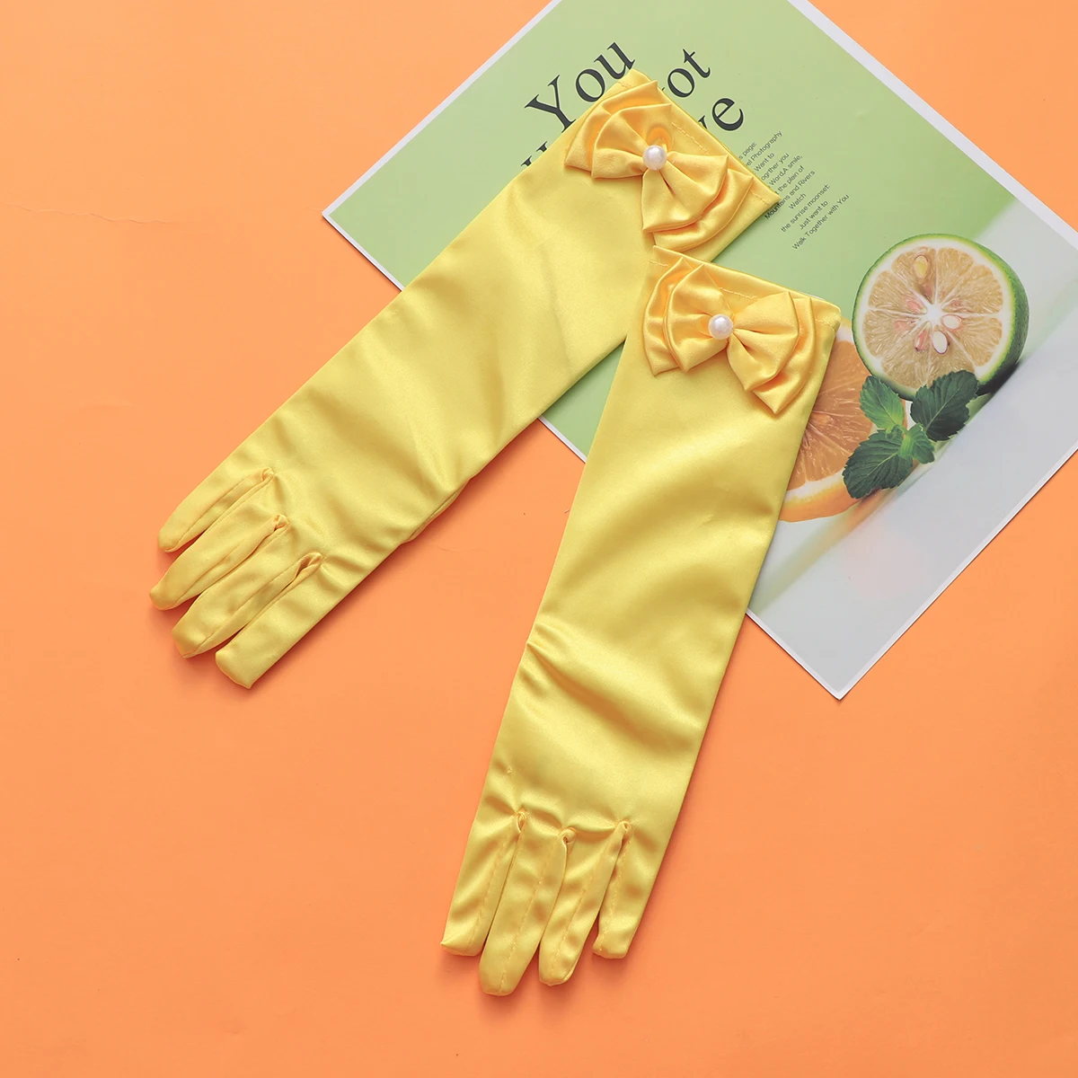 

1 Pair Elegant Flower Girl Gloves Long Satin Bowknot Dress Accessories For Wedding Evening Party Yellow