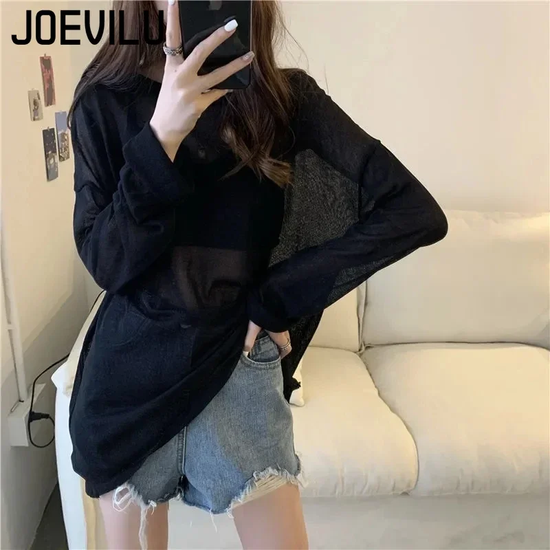 JOEVILE Sheer Sunscreen Blouse Women's Thin Outerwear Pullover Ice Silk Tops Summer Casual Loose T-shirt Air Conditioning Cover