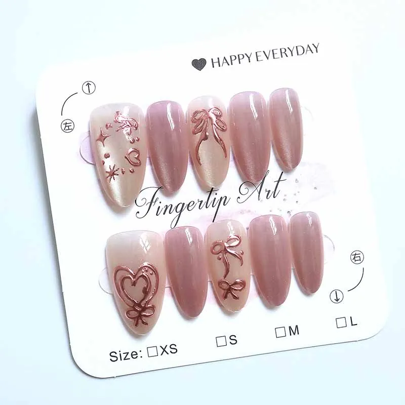 10Pcs Pink Sweetheart Sweet Princess Style Temperament Rose Gold Handmade Press on Nails Bowknot Star Gilded Manicure Fake Nails