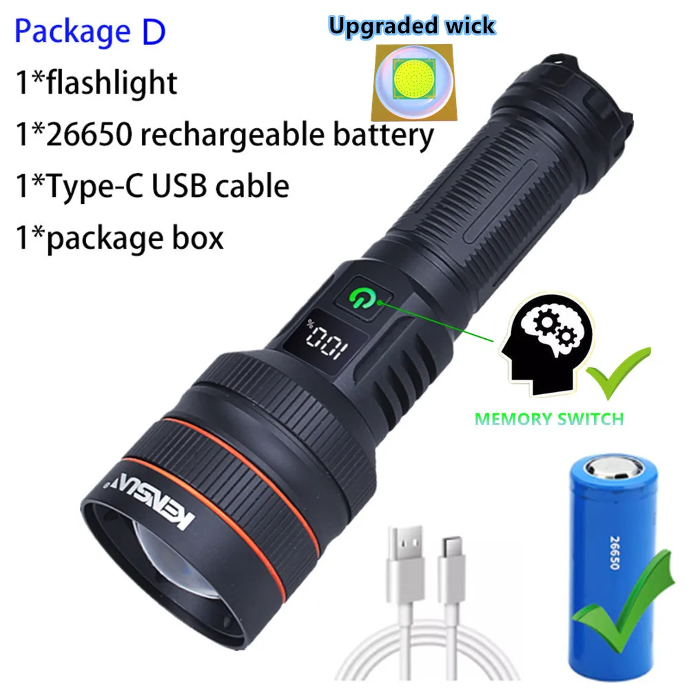 Heldere spotlight LED-zaklamp met groot bereik Type-C Opladen Sterk licht Lamp Tactische zaklamp Waterdichte zoom buitenlantaarn