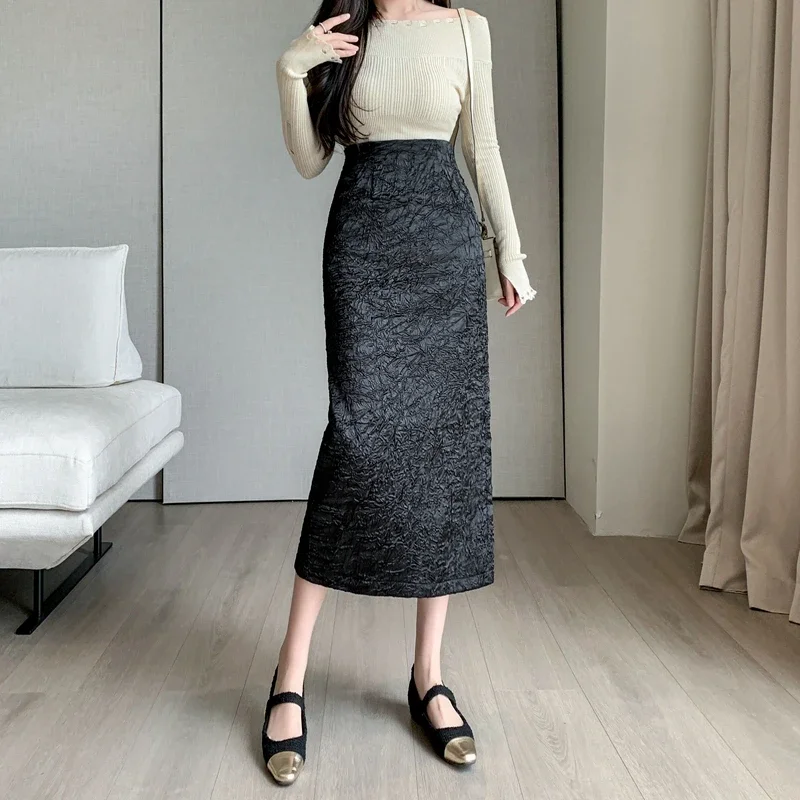 Autumn Winter Bodycon Black Skirts Women Korean Fashion Clothing Streetwear Faldas Mujer Slim High Waist A Line Mid Length Skirt