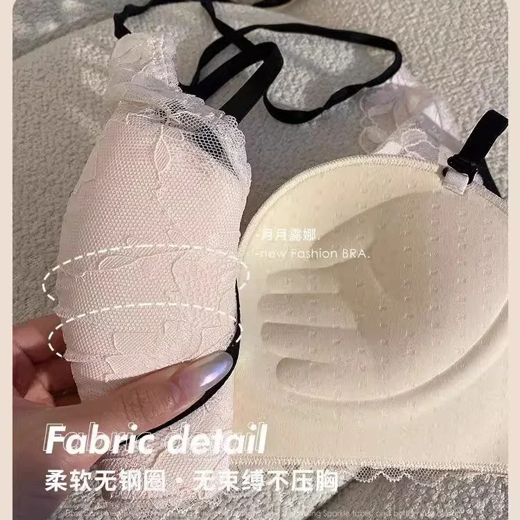 Lencería de encaje para mujer, fruncido de pechos pequeños, previene la flacidez, ajustable, sin aros, sujetador trasero transpirable