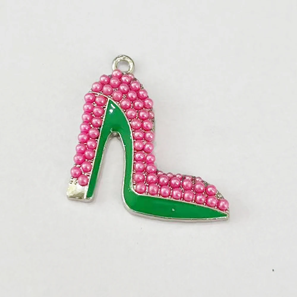 10Pcs Pink and Green Rhinestone Hihg-Heeled Shoes Charm Sorority Jewelry Bracelet Necklace Accessories