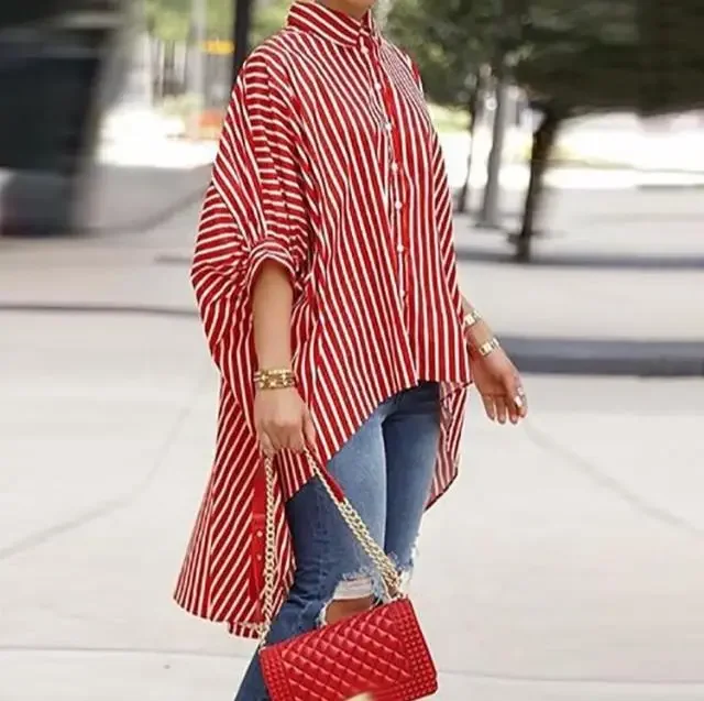 

Женская рубашка в полоску, Повседневная Свободная футболка большого размера с отложным воротником и коротким рукавом, весна-лето 2024