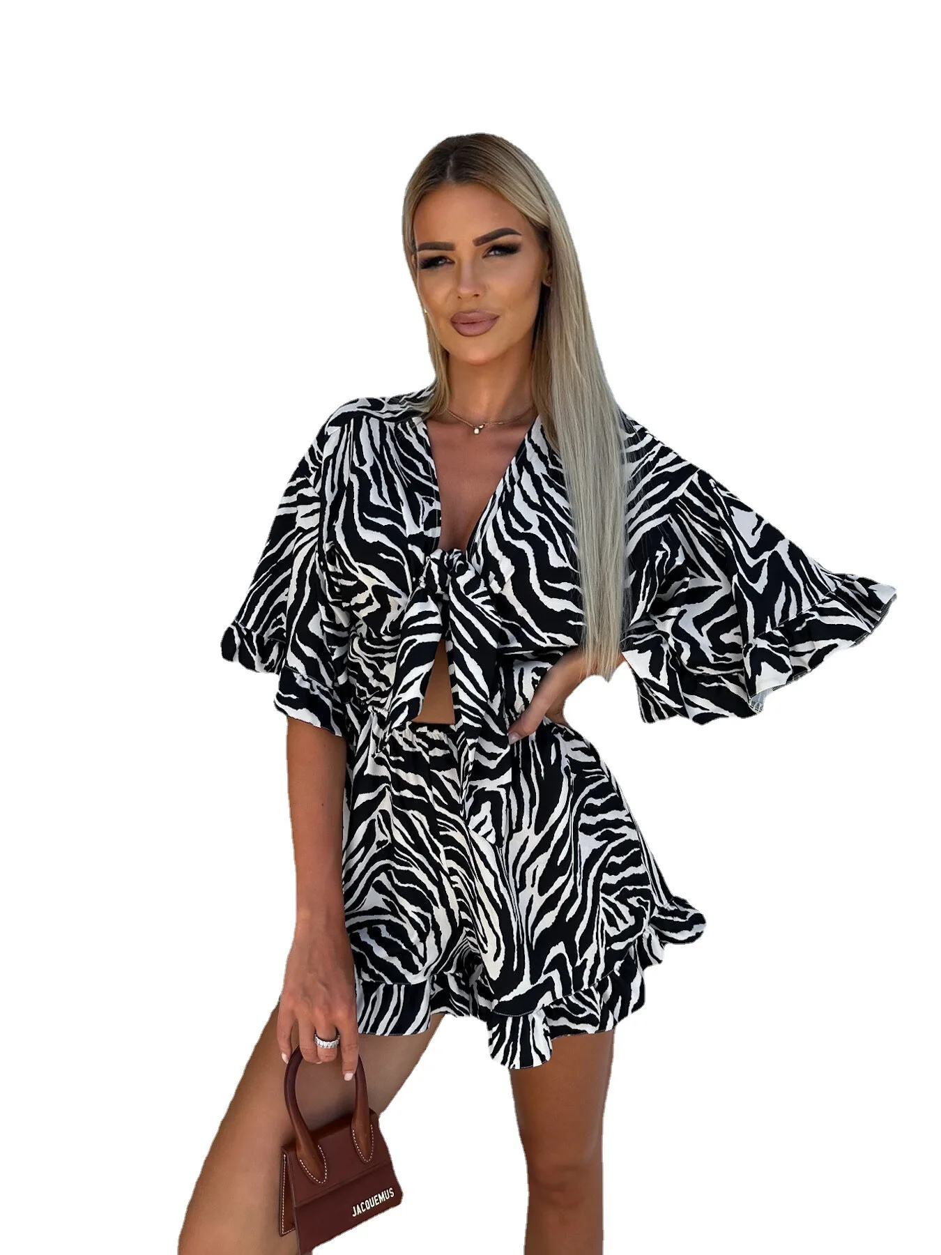 Women Print Bowknot Lace-up Romper Summer Casual Ruffles Half Sleeve Shorts Jumpsuit Hollow High Waist Pockets Playsuit Overalls