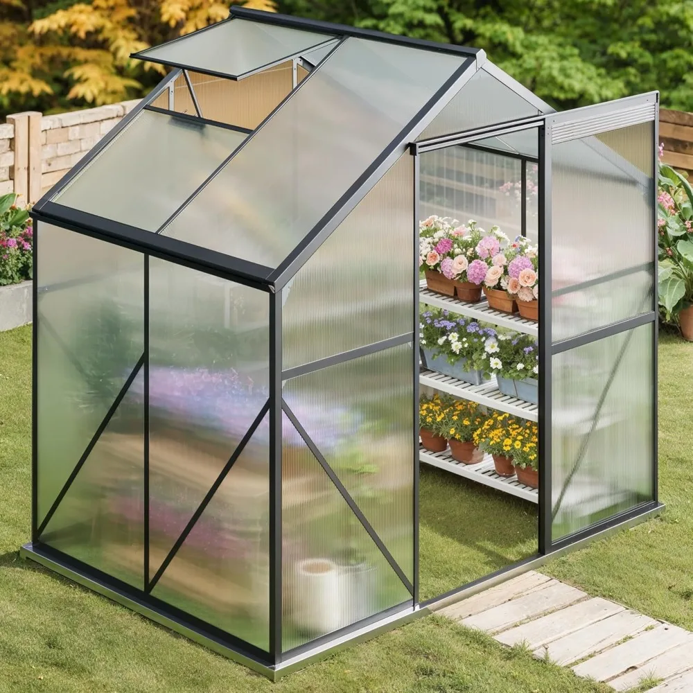 

6x4 FT Outdoor Greenhouse, Quick Setup Polycarbonate Greenhouse with Roof Vent and Sliding Door, Aluminum Walk-in Gr