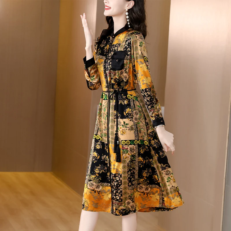 ZUO MAN RU Autumn Long Sleeved Silk Silk Dress 2022 New High-End Retro Printing Loose Large Lady Belt Thin Long Skirt