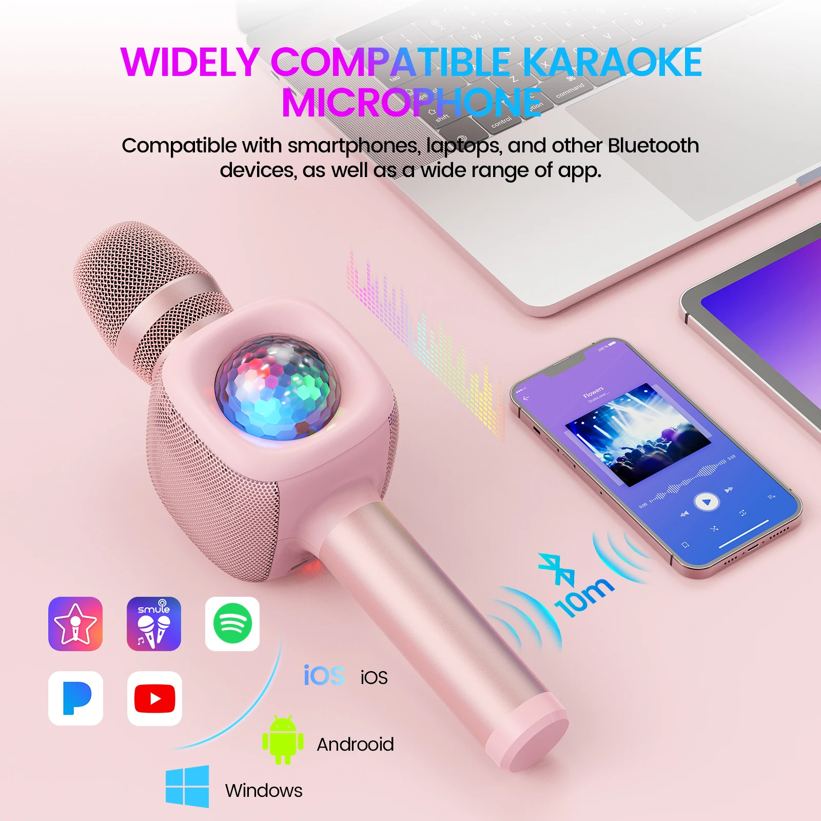 Bluetooth Wireless Karaoke Microphone with LED Lights 4-in-1 Portable Handheld Mic with Speaker Karaoke Player for Singing Home