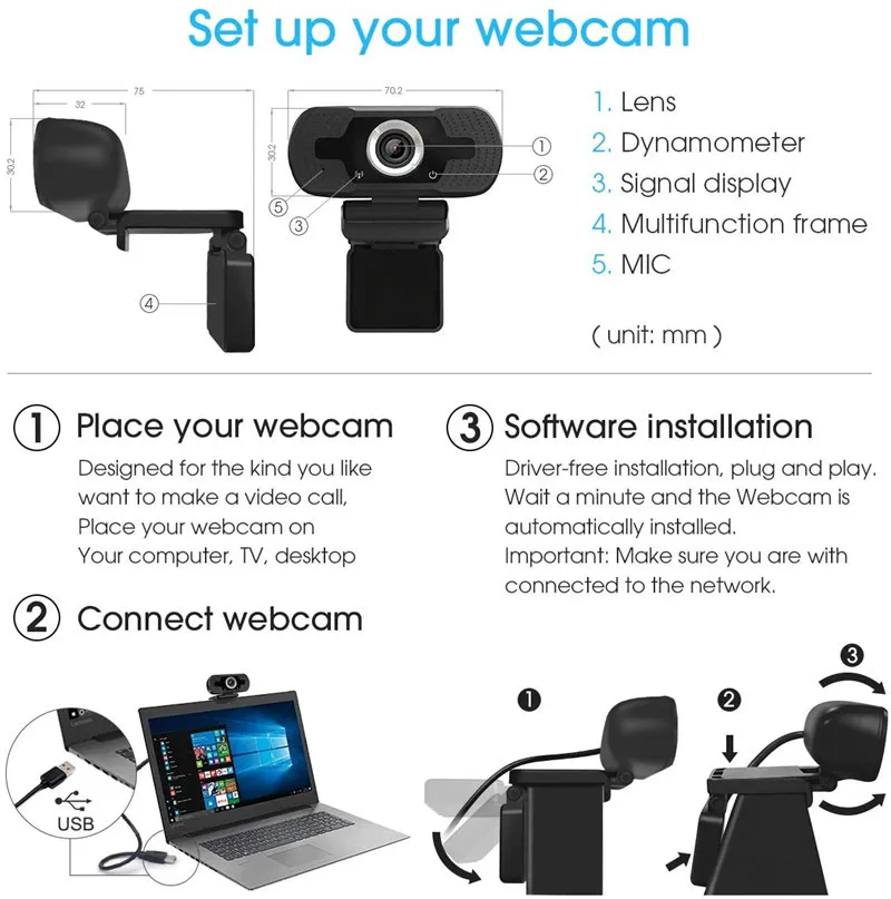 Smart Home Mini Webcam with Own 110 ° 1080P HD Wide Angle Built-in Stereo Microphone Support for Lens Autofocus Plug and Play