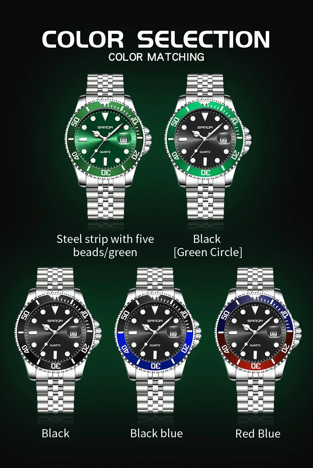 SANDA SD1099 Reloj de cuarzo de lujo a la moda para hombre, reloj de cuarzo fantasma de agua verde, calendario de luz nocturna, reloj de cuarzo resistente al agua