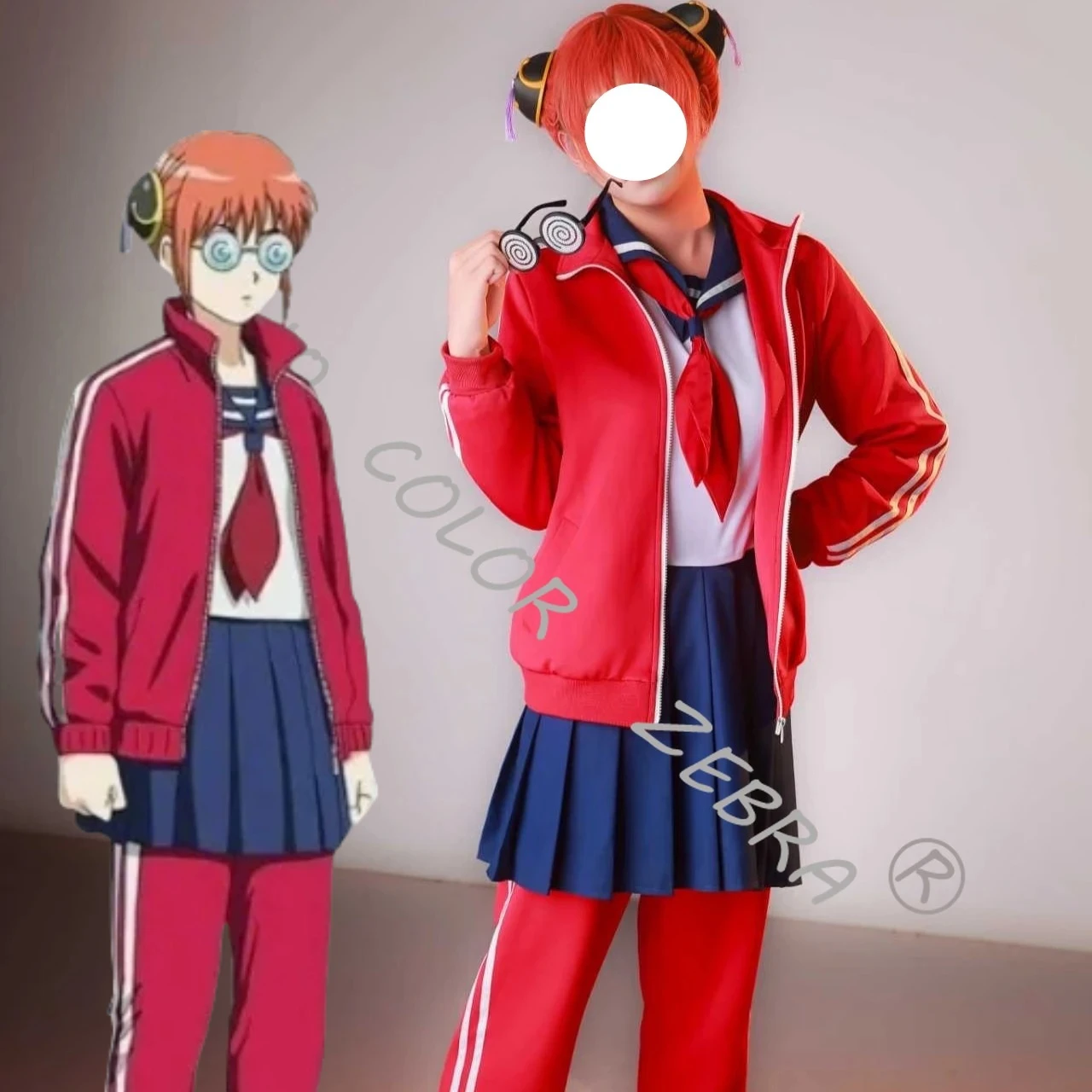 Disfraz de Cosplay de Anime Ginpachi Sensei 3-Z Kagura, Uniforme de Marinero JK, Conjunto Deportivo con Chaqueta y Falda a Rayas con Cierre Rojo, para Juego de Roles