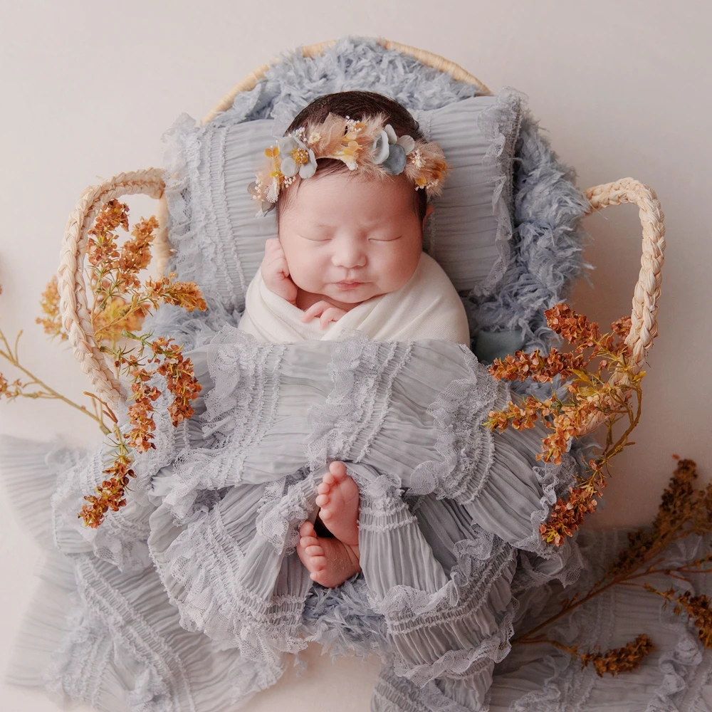 Blue Baby Blanket Newborn Photography Props Fluffy Layering Lace Newborn Hat Ruffle Wrap Stuffed Pillow Baby Photo Accessories