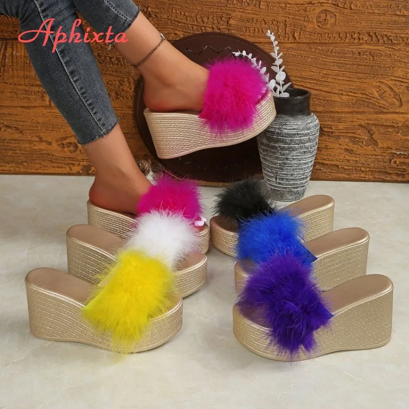 

Aphixta 2026 Candy Color Furry Slippers 9cm High Heels Woman Fashion Slides Purple Fur Wedges Sandals Platform Party Sandals