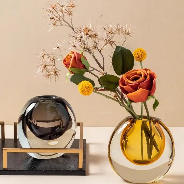 Modern light luxury glazed vase flower arrangement glass flower ware conference table ornament high-end soft decoration jewelry