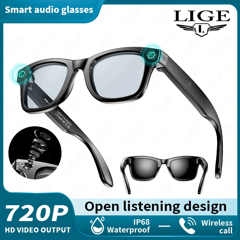 

LIGE AI 720P камера умные очки музыкальная гарнитура создание вызовов Bluetooth запись фото распознавание солнцезащитные очки для мужчин женщин