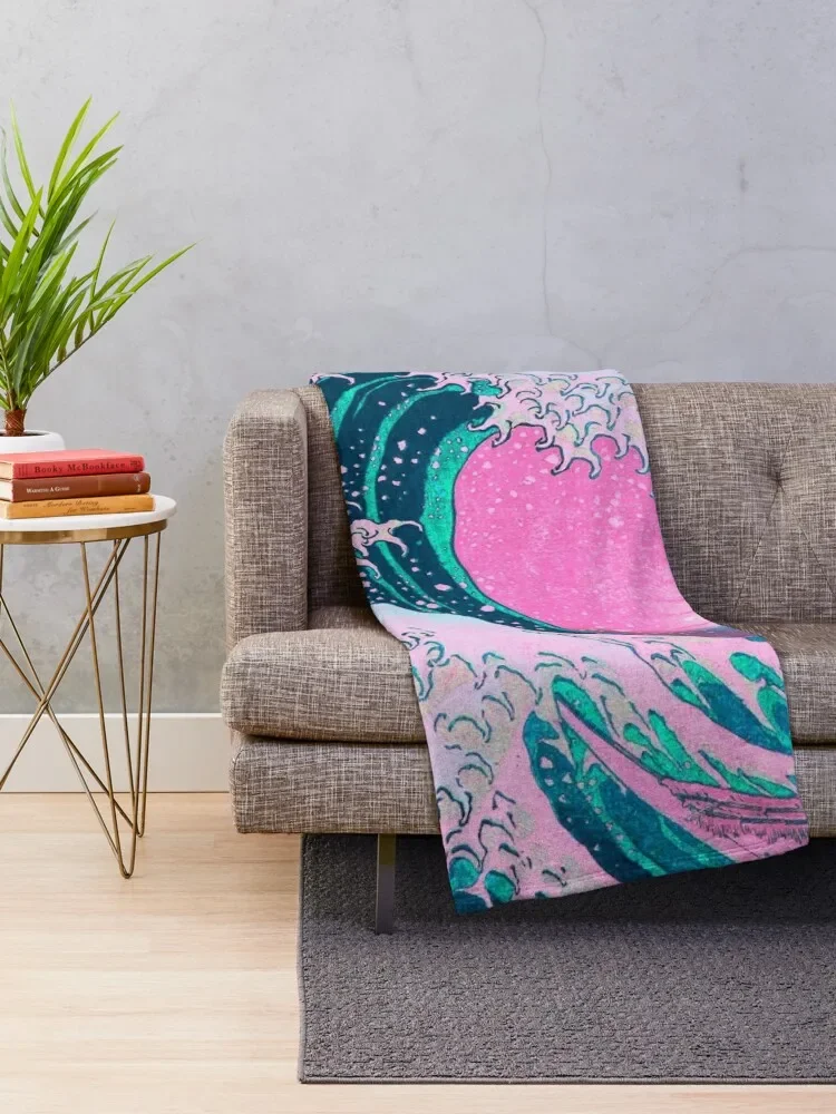 Vaporwave Aesthetic Great Wave Off Kanagawa Retro Sunset Throw Blanket halloween Personalized Gift Furry Soft Blankets