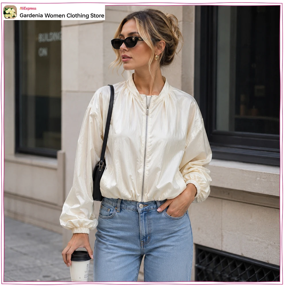 Elegant Fashion Pleated Bomber Jackets for Women New in Zippered Jackets Ecru Mock Neck Jackets with Concealed Side Seam Pockets