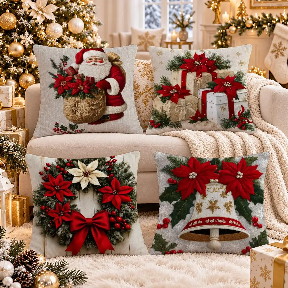 Christmas Wreath Bell Cushion Cover Short Plush Double-Sided Print Festival Pillow Case for Living Room Sofa Home Decor