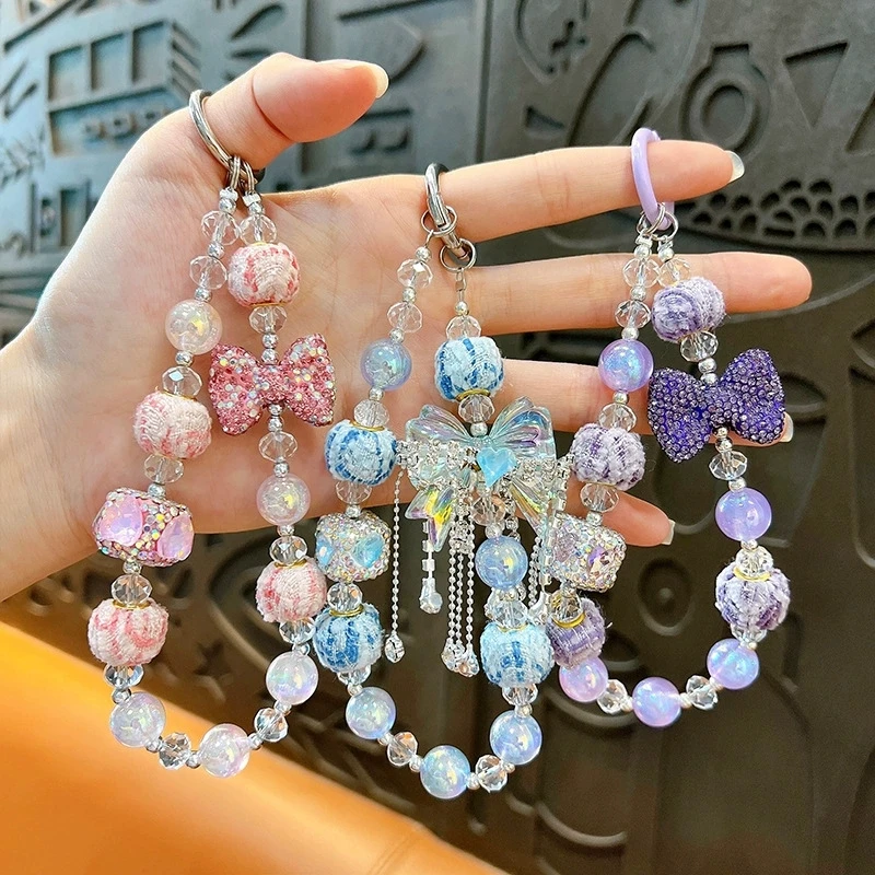 2025 Trendy Sweet Beaded Phone Lanyard Ins Style Bow Beads Cellphone Charm Anti Lost Wristband Mobile Phone Chain Camera Pendant
