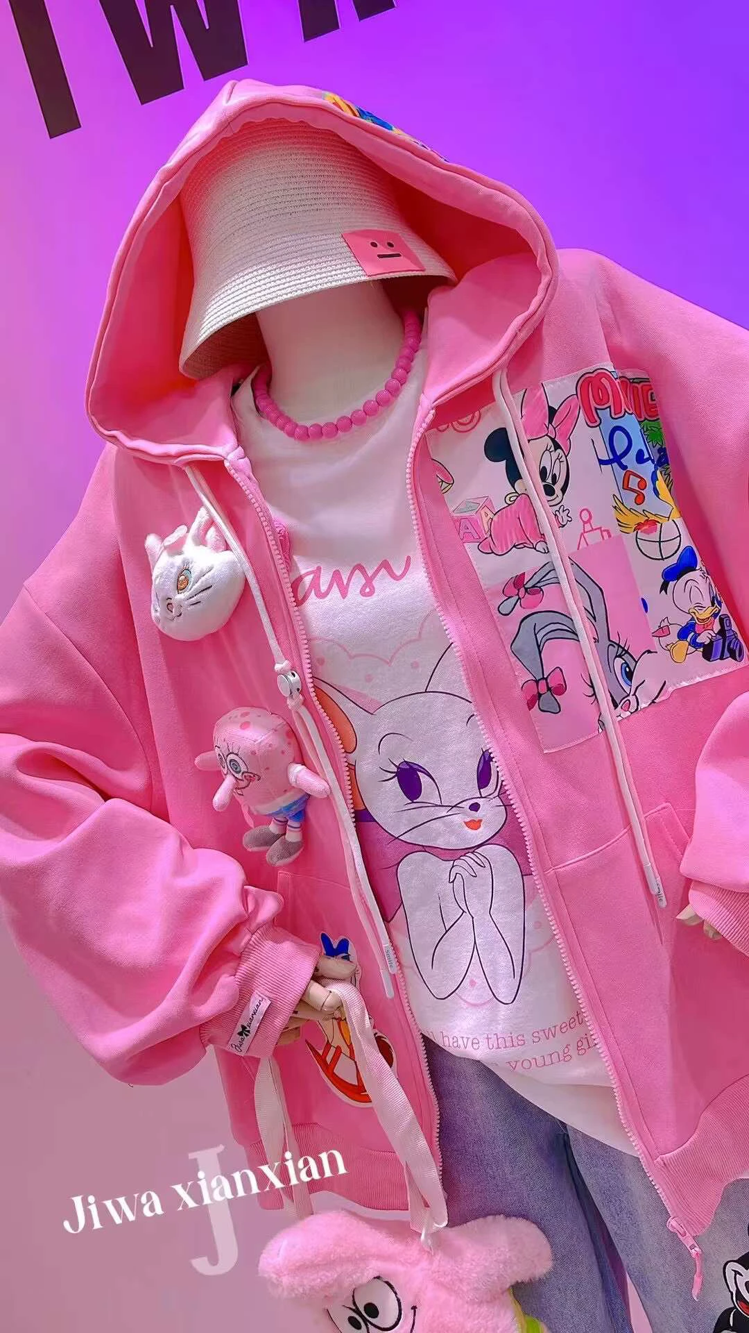 Cute Cartoon Print Patch Hooded Sweatshirts Female Student Autumn Sweet Pink Cardigan Jacket Oversized Hoodies Women 2024 New