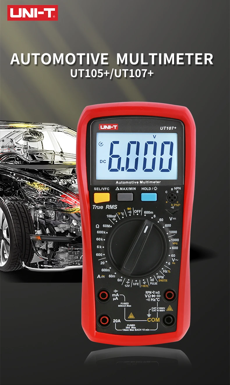 UNI-T UT105+ UT107+ Digital Automotive Multimeter Car AC DC Current Tester Voltmeter Capacimeter Frequency Meter Temperature