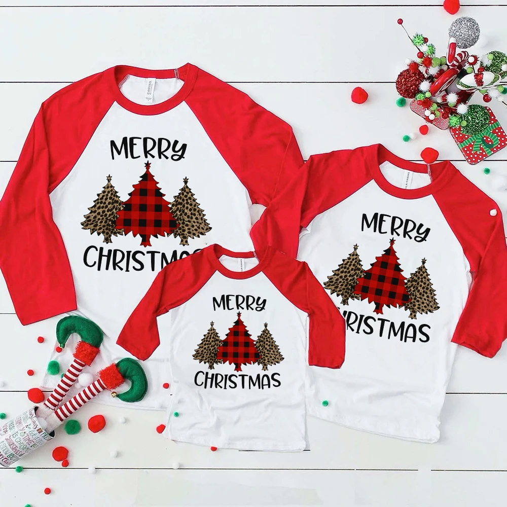 

Merry Christmas Tree Print Family Matching Outfits Mom Dad Kids Long Sleeve Raglan Shirt Family Clothes Christmas Party Outfits