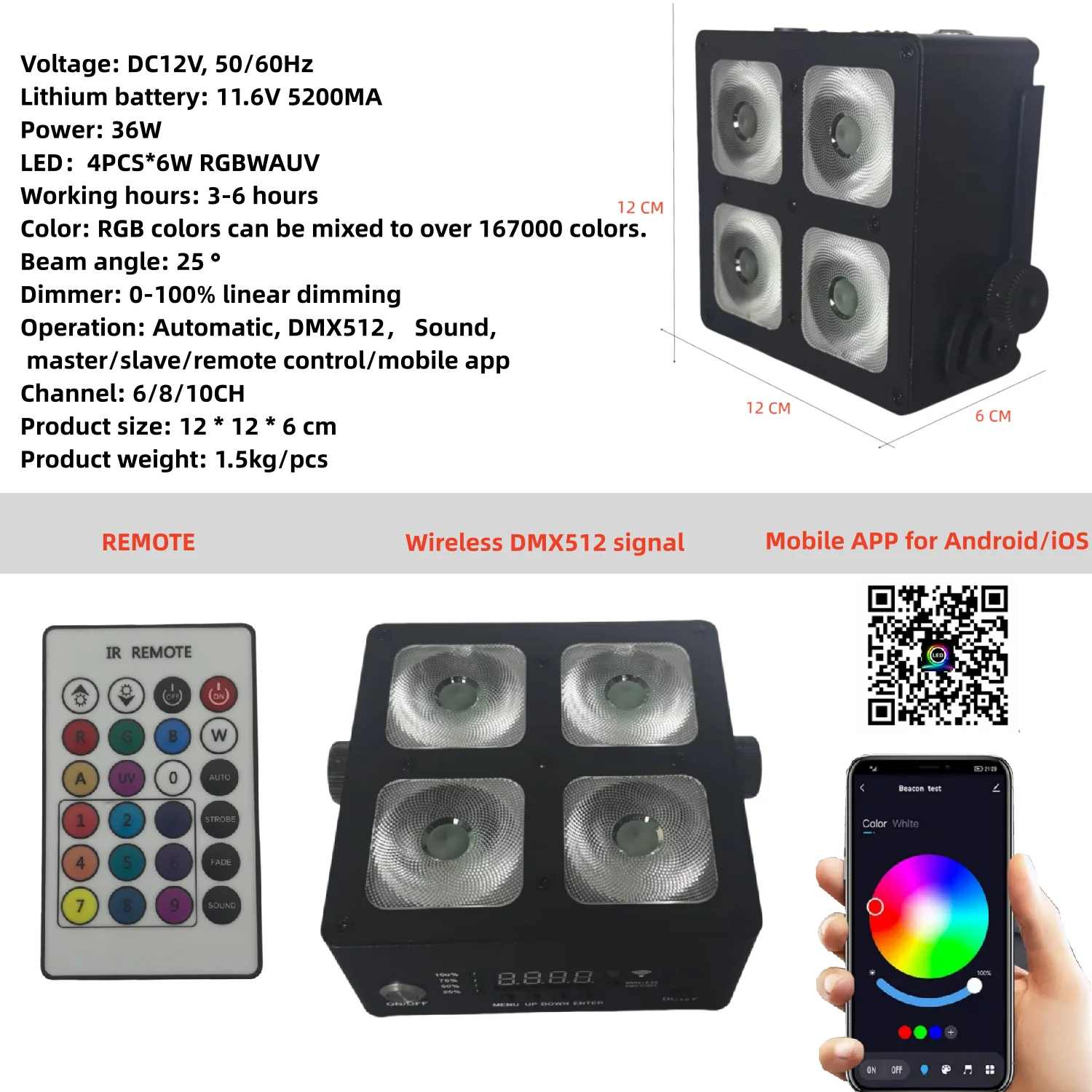 6PCS/remote 4X6W RGBWA UV 6-IN-1 battery LED PAR/wireless WIFI battery led PAR light/ led walling wash lgiht stage dj lamp