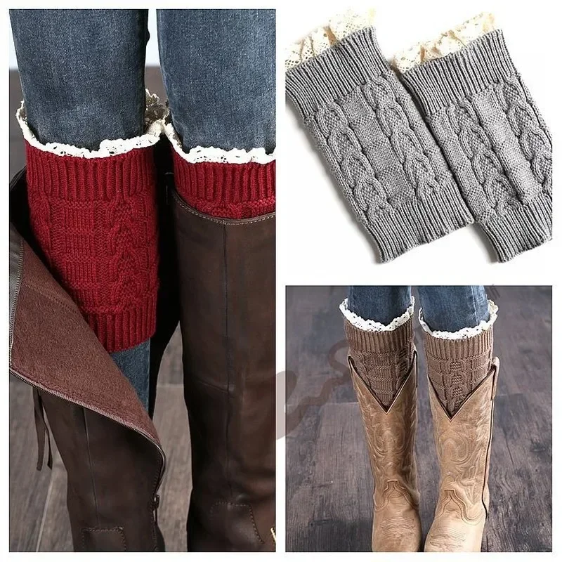 Knitted Woolen Leg Warmers Warm Sock Boots Cover Autumn / Winter Short Lace Sock Cover for Women SA291