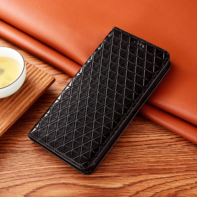 

Grid Pattern Genuine Leather Magnetic Flip Phone Case For OPPO Realme V3 V5 V11 V11s V13 V15 5G V21 V23 V25 Wallet Cover