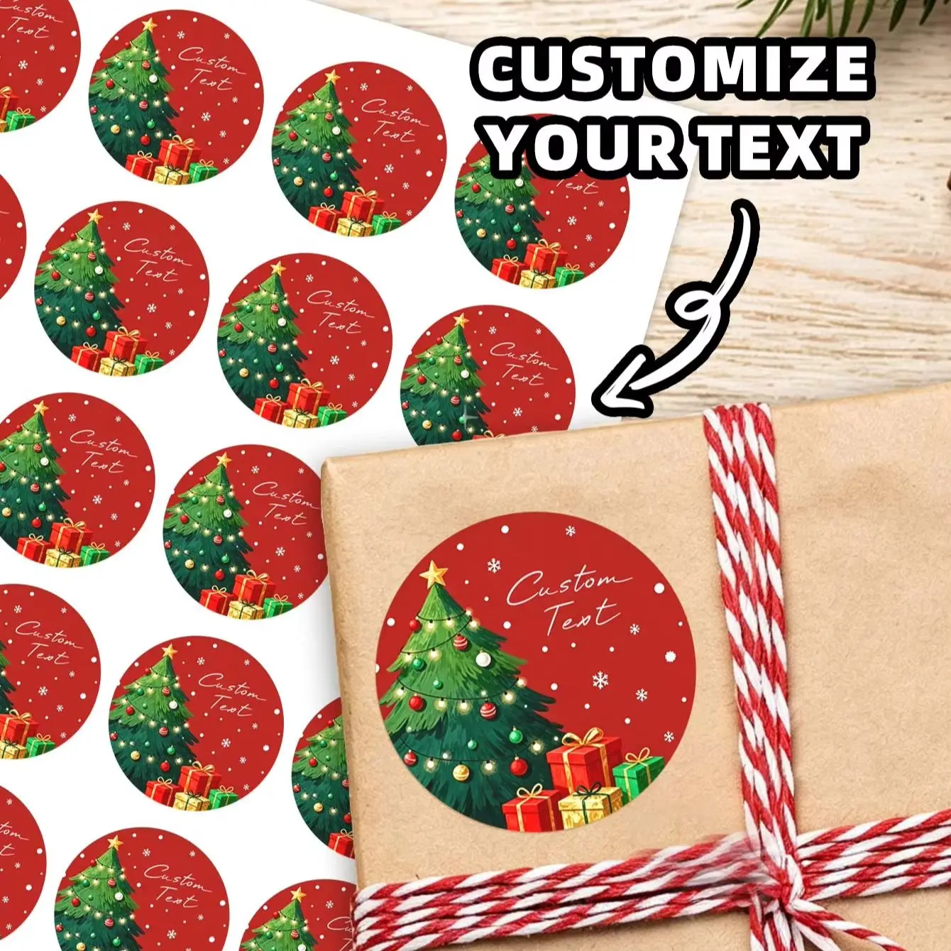 1‑96Pcs Custom Stickers,Round Personalized Christmas Text Labels for Family,Holiday Treat Pouch Labels, Xmas Tree Accent Decor