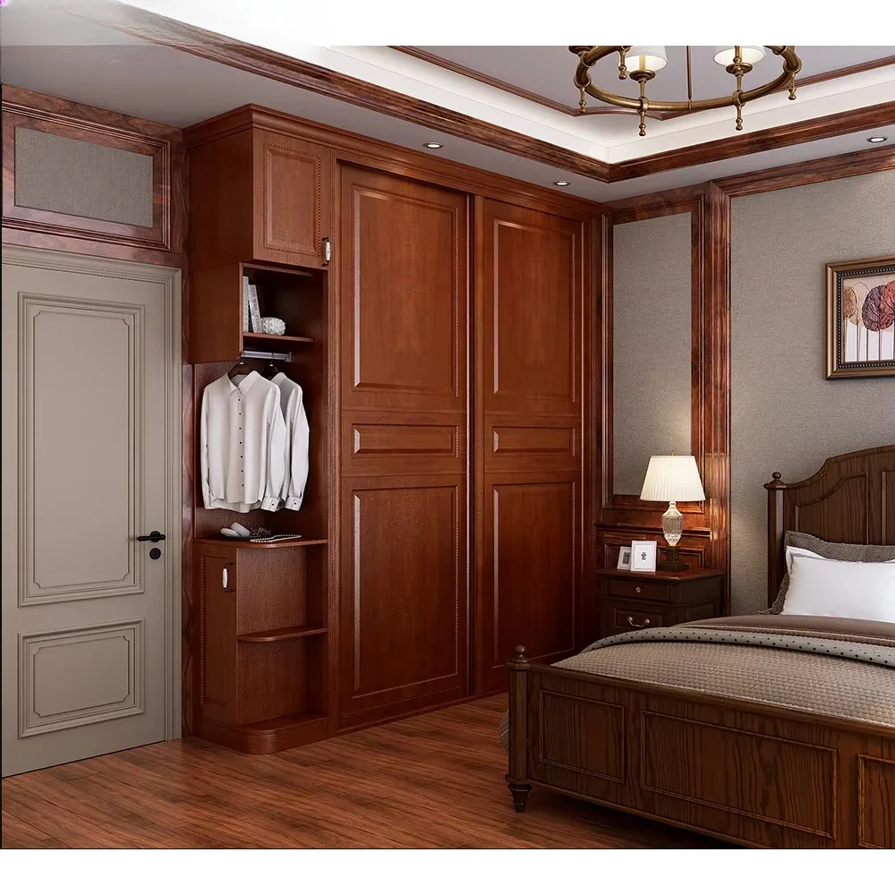 Custom Luxury Solid Wood Sliding Wardrobe Bedroom Closet Storage Furniture For Home Villa