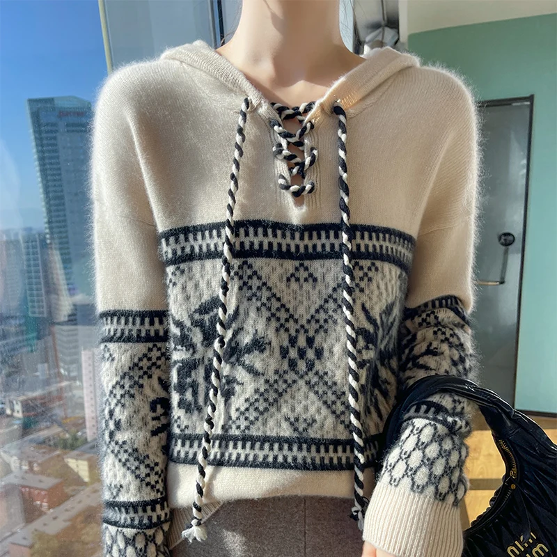 خريف/شتاء الجاكار المرأة 100% الصوف الخالص الرباط سترة مقنعين محبوك طويلة الأكمام فضفاضة الكشمير هوديي