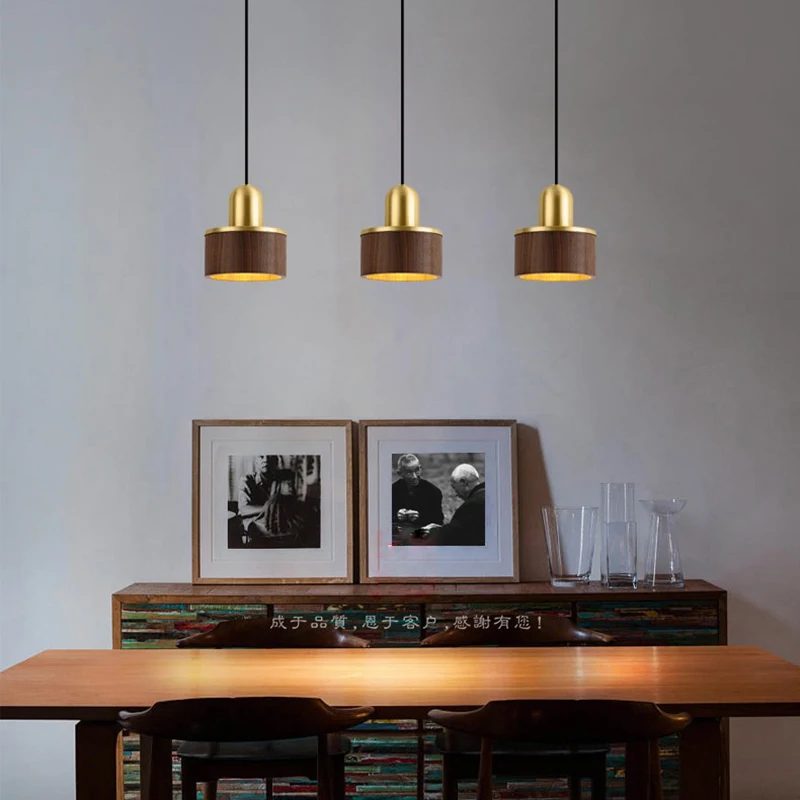 wood lamp Black walnut pendant lights home Decor brass living room dining room bar LED light bedroom bedside hanging lamps image 2