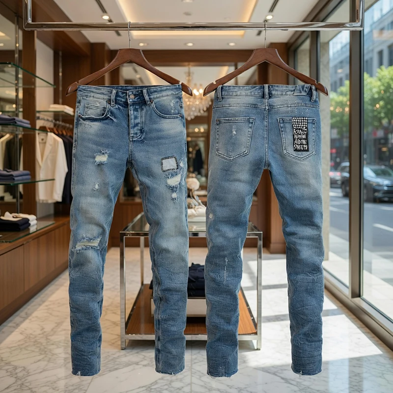 

Мужские светло-голубые джинсы Slim Fit с эффектом потертости, рваные джинсовые брюки с нашивками, повседневные брюки в уличном стиле, коллекция Весна-Лето 2026