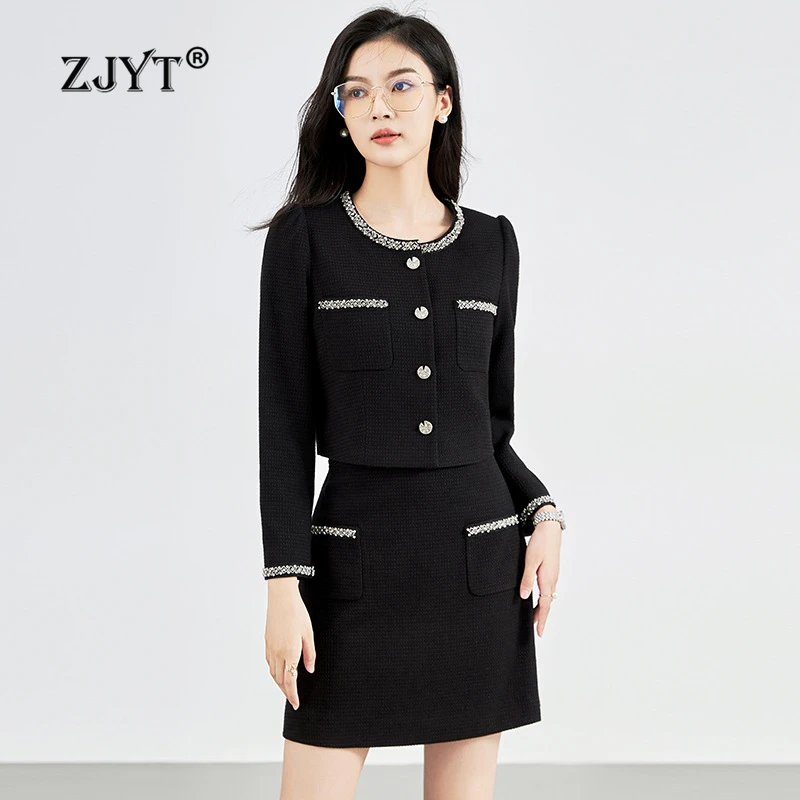 

ZJYT Autumn Winter Women's Beading Tweed Jacket Suit with Mini Skirt 2 Piece Set Elegant Outfit Office Lady Work Wear Dress Sets