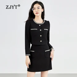 ZJYT Autumn Winter Women's Beading Tweed Jacket Suit with Mini Skirt 2 Piece Set Elegant Outfit Office Lady Work Wear Dress Sets