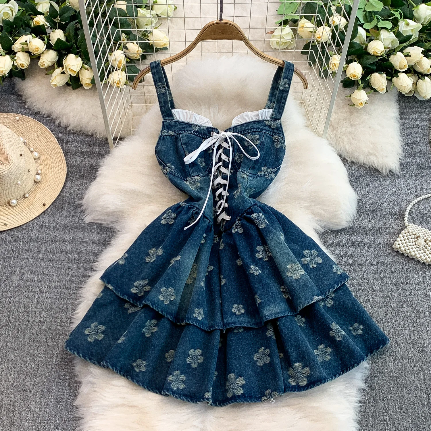 Vestido vaquero a la moda para mujer, vestidos escalonados florales de Jacquard con tirantes finos, vestidos sexis de fiesta en la playa de verano para mujer