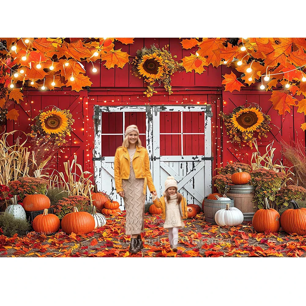 باب خشبي الحظيرة الحمراء ، خلفية التصوير الفوتوغرافي ، الخريف ، أوراق القيقب ، عباد الشمس ، اليقطين ، الأبيض ، استوديو الصور العائلية ، استوديو الصور