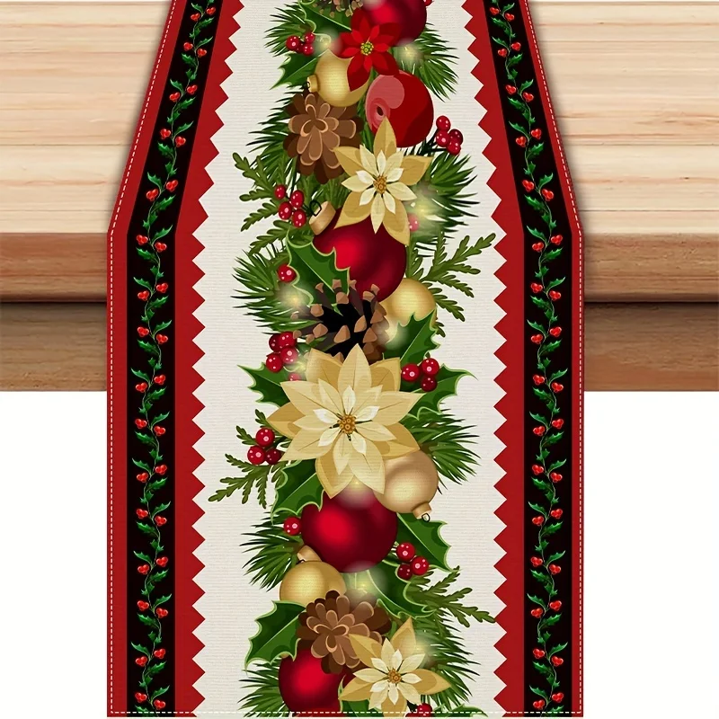 Christmas Poinsettia Floral Bell Linen Table Runner Party Decor Winter Pine Needles Pine Cones Table Runners Navidad Decorations