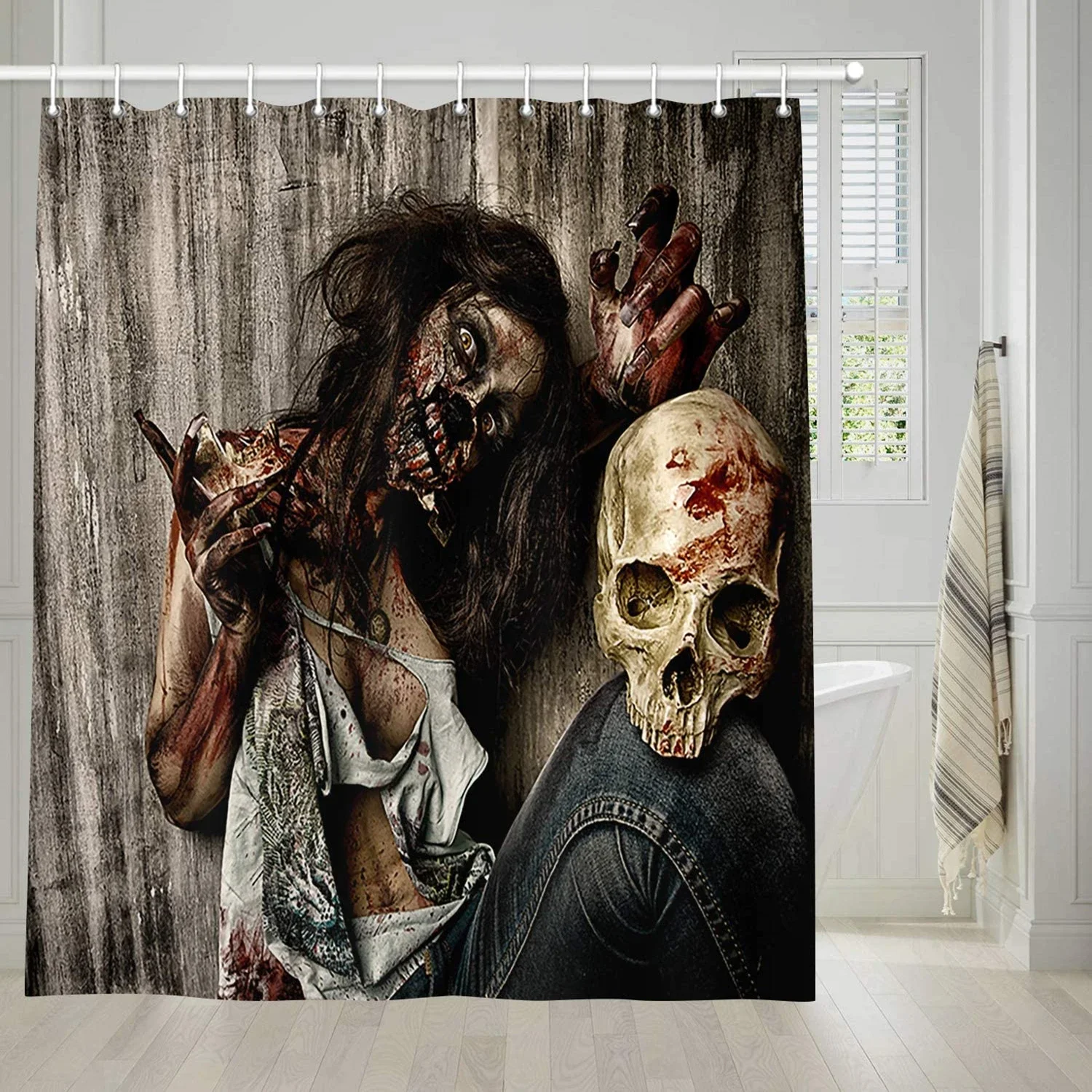 Halloween Zombie Shower Curtain,Scary Dead Woman with A Bloody Tool Evil Fantasy Gothic Mystery Halloween Bathroom Curtain Set