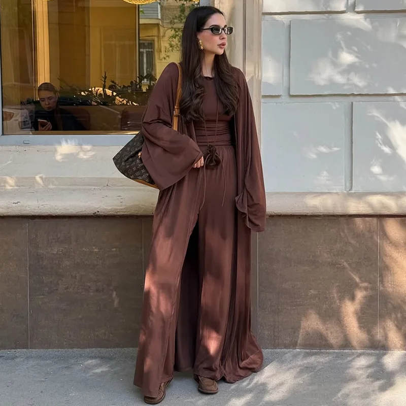 

Spring Casual Robe Pants Suit Women Long Sleeves Cardigan Robe+round-neck T-shirt+wide-leg Pants Autumn Female Three Piece Set