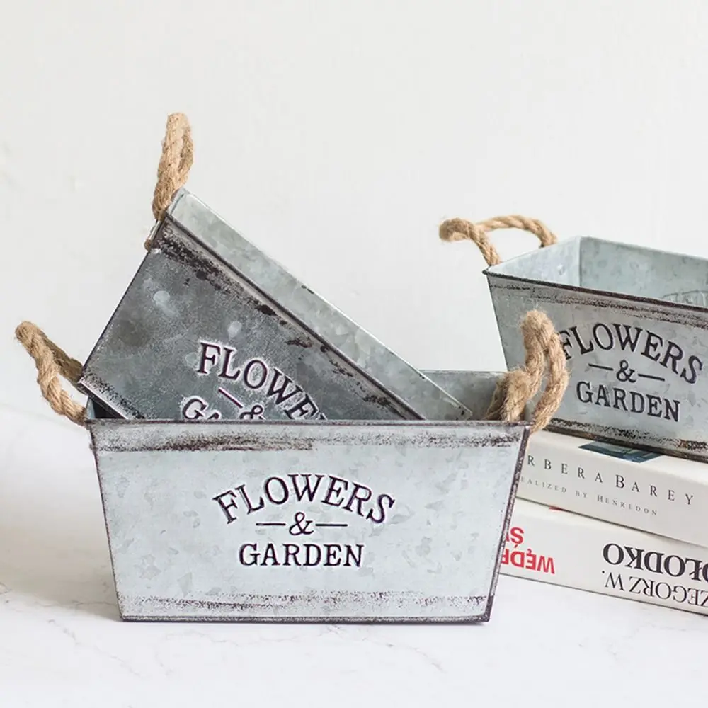 

Furniture Decor Galvanized Iron Flower Pots Shabby Thickened Rectangular Flower Bucket Retro Plant Container Garden