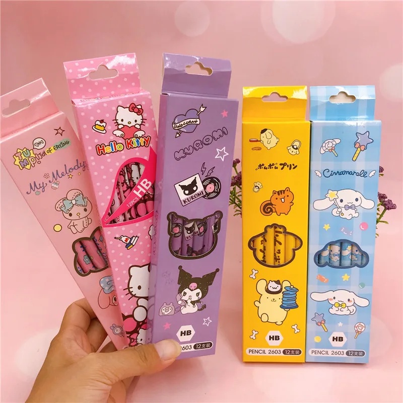 12Pcs Sanrio Pencil Cute Hello Kitty Kuromi Cinnamoroll My Melody Student Stationery School Supplies Student Prize Pencil Gifts